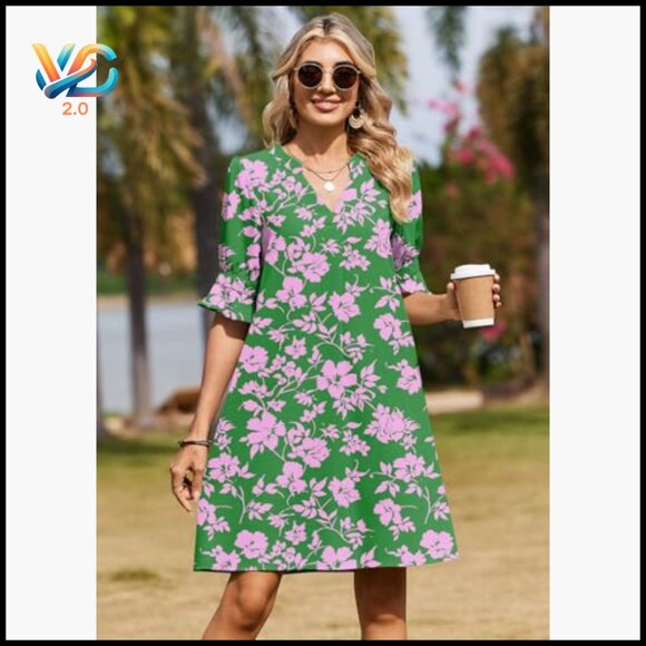 V-Neck Ruffle Sleeve Shift Dress, Polyester Casual Summer Mini - Picture 2 of 7